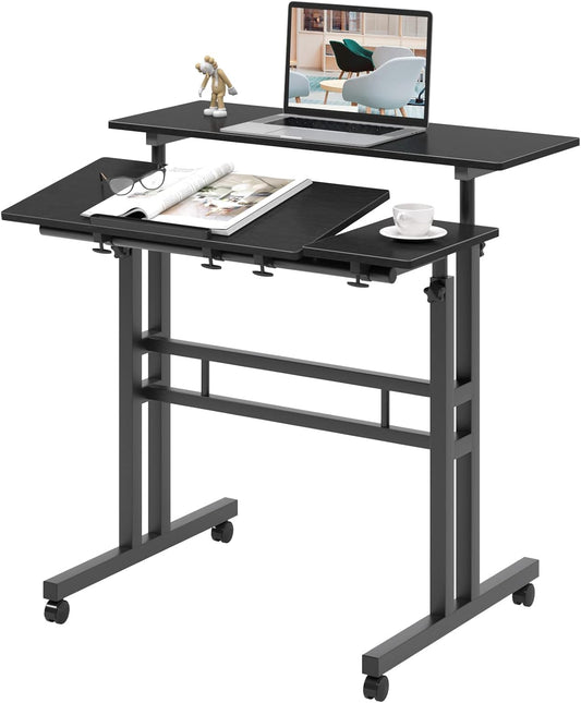 Computer Desk, Adjustable Rolling Desk Standing Desk, 31.5L X 23.6W X 26.4-45.3H Inch, Black