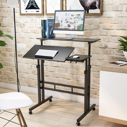 Computer Desk, Adjustable Rolling Desk Standing Desk, 31.5L X 23.6W X 26.4-45.3H Inch, Black