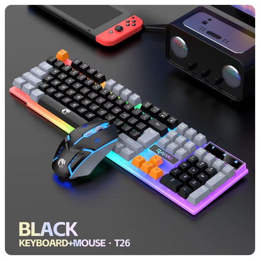 Single Keyboard and Keyboard Mouse RAIKU T26 Three Tone Luminous Keyboard Mouse Wired Mechanical Touch Gaming Mouse Keyboard Set