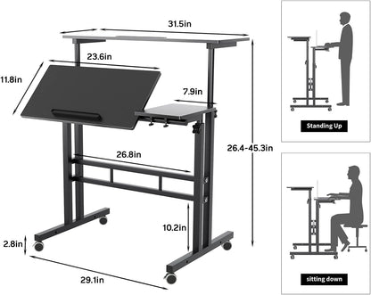 Computer Desk, Adjustable Rolling Desk Standing Desk, 31.5L X 23.6W X 26.4-45.3H Inch, Black