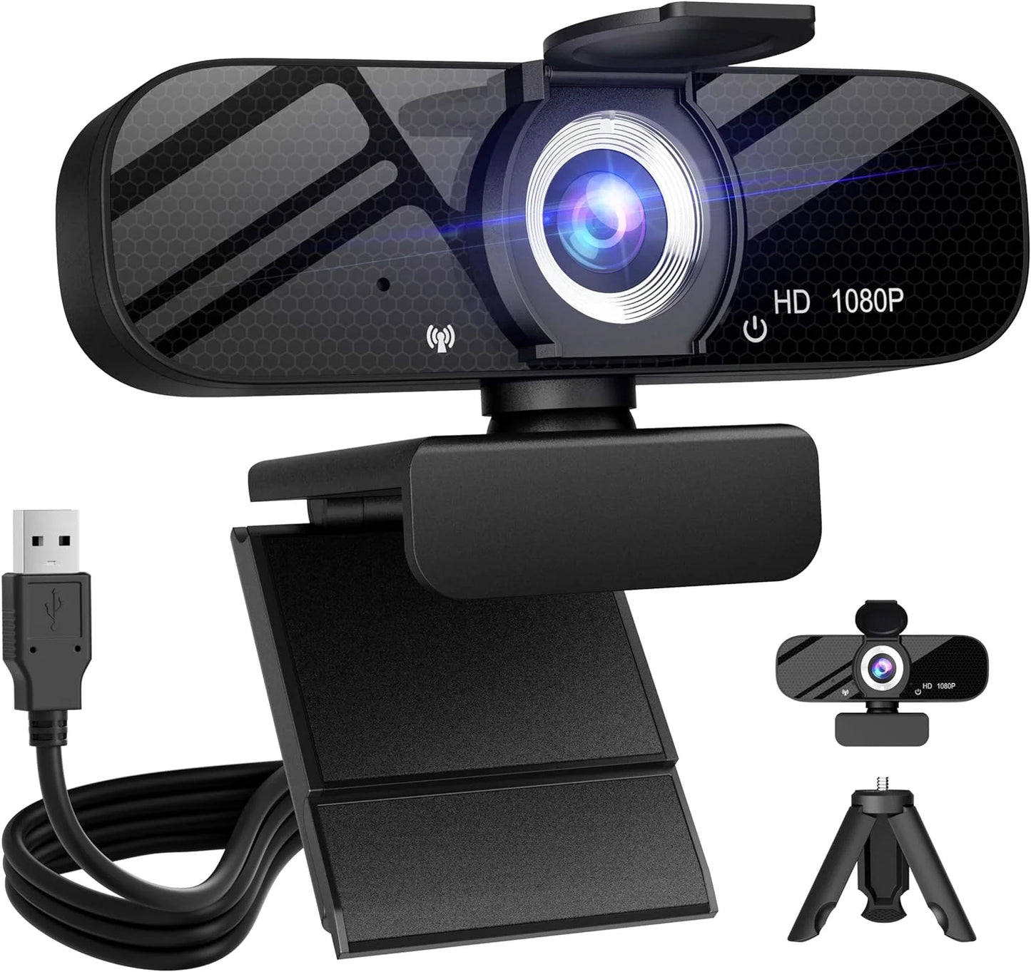 Full HD 1080P Webcam with Privacy Shutter and Tripod, Pro Streaming Web Camera with Microphone, Widescreen USB Computer Camera for Laptop Desktop