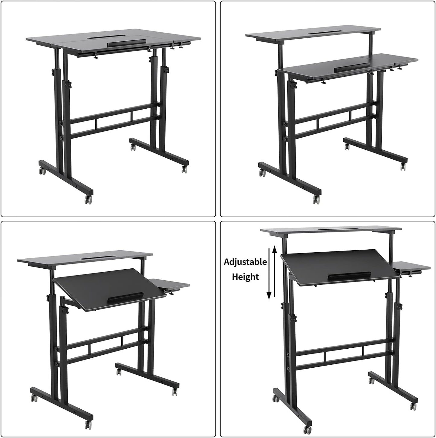 Computer Desk, Adjustable Rolling Desk Standing Desk, 31.5L X 23.6W X 26.4-45.3H Inch, Black